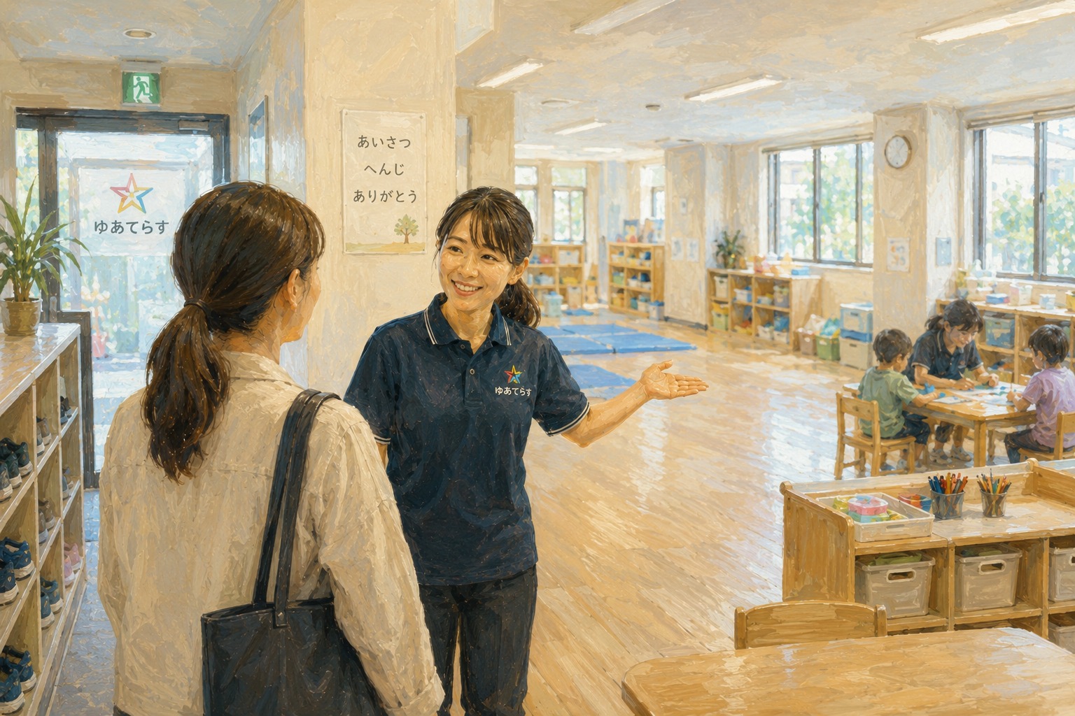 職員が来訪者に施設を案内している様子