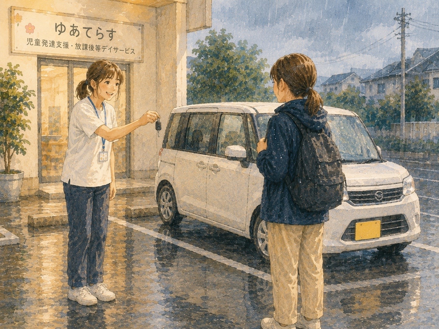 大雨の日、施設の車で帰る職員の様子