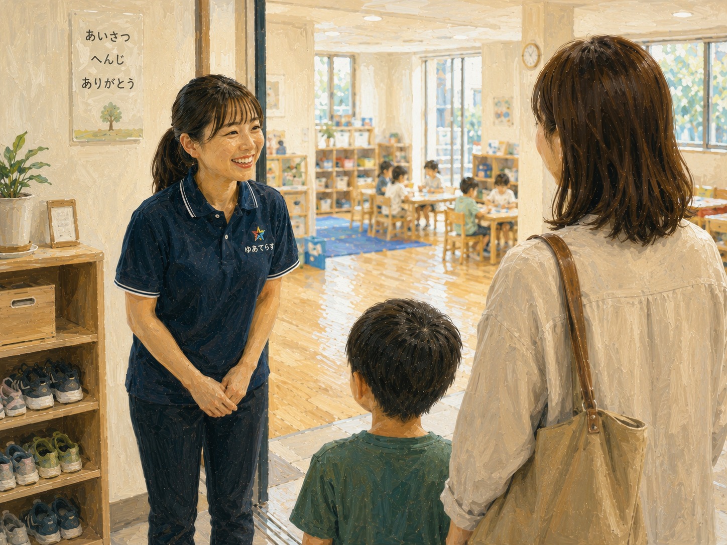 職員が見学者を笑顔で迎える様子