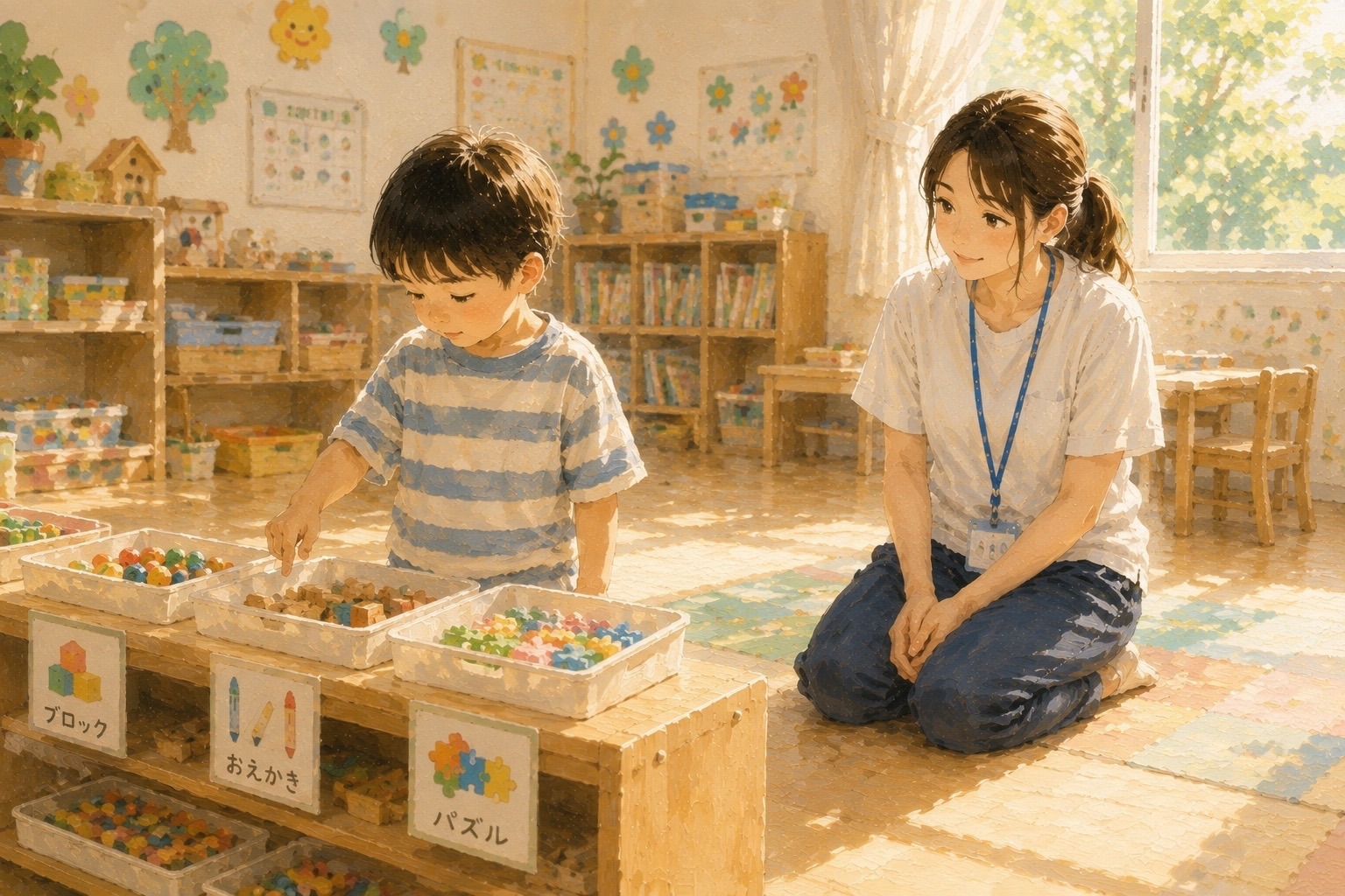 子どもが自分で取り組み、職員がそばで見守っている様子
