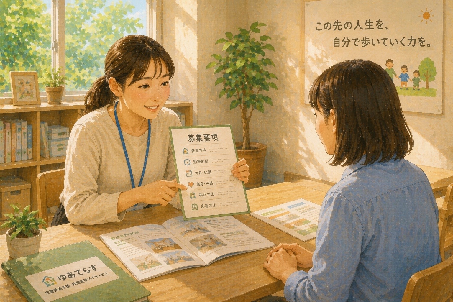 職員が資料を見ながら説明している様子