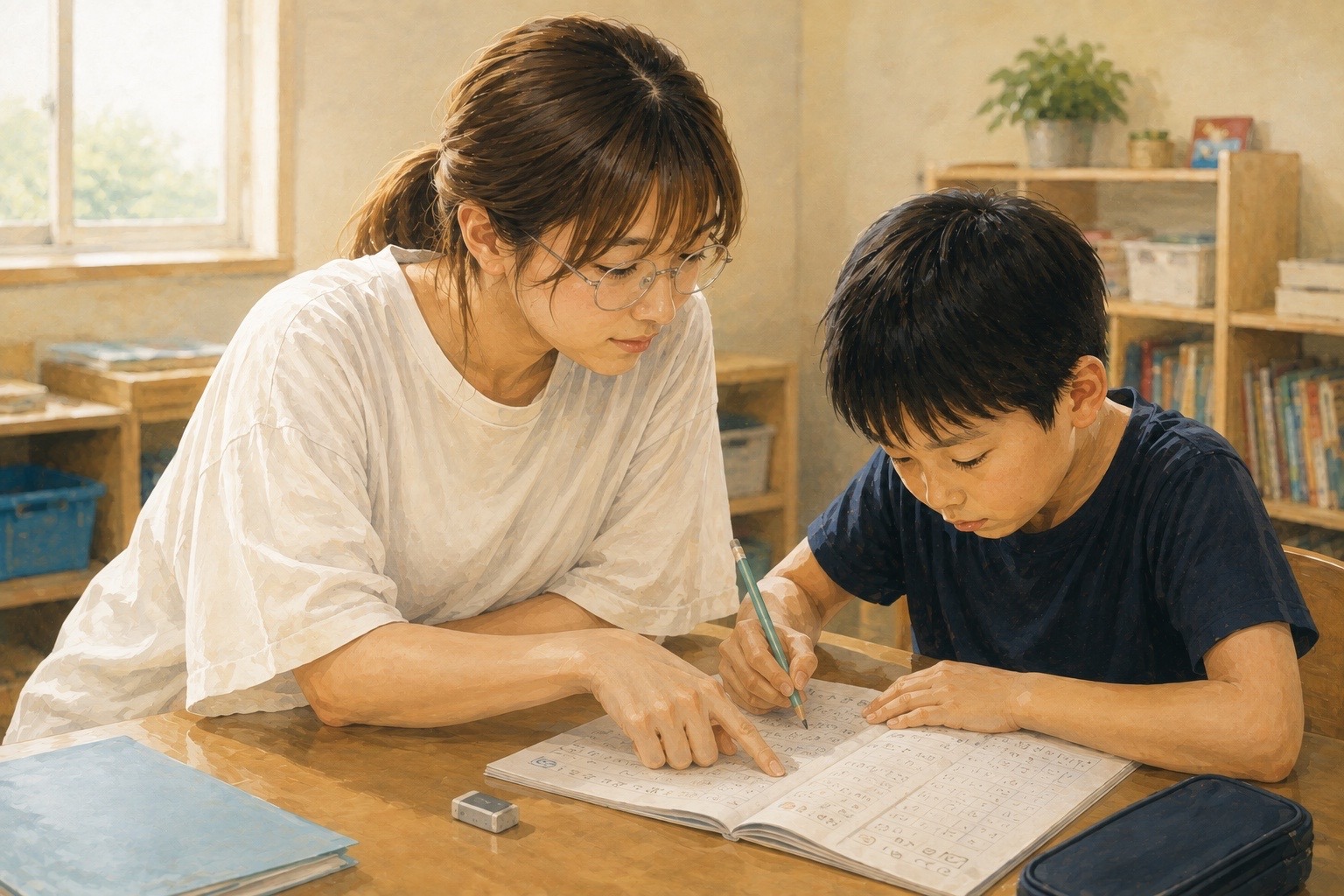 宿題に向き合う職員と子どもの様子
